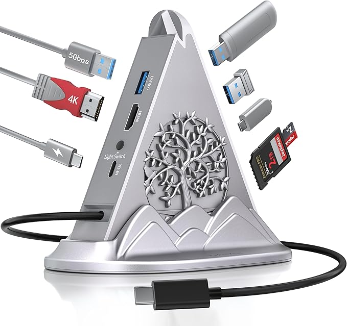 USB C Hub, 8-in-1 Vertical USBC to HDMI Tower Hub for MacBook, iPhone16, iMac, iPad, Surface, XPS, etc. (4K@30Hz HDMI Adapter, 5Gbps USB-Ax3 & USB-Cx1, SD/TF Card Reader, 100W PD, Silver)