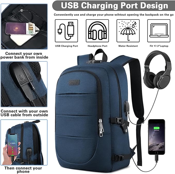 AMBOR 15.6-17.3 Inch Laptop Backpack, Anti Theft Business Travel Backpack with USB Charging Port and Headphone Interface, Water Resistant Computer Bag for Men & Women, Blue