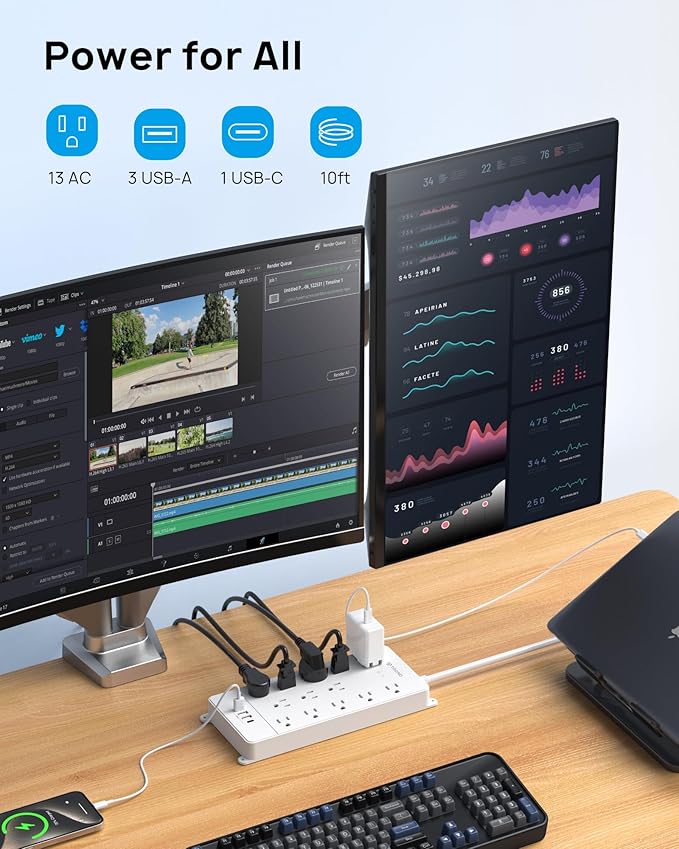 TROND Surge Protector Power Strip 10 ft Cord - Long Extension Cord, 4000J, 13 Widely Outlets with USB C Ports, Flat Plug, Wall Mount, 1875W, Home Gaming Dorm Room Essentials, ETL Listed, White