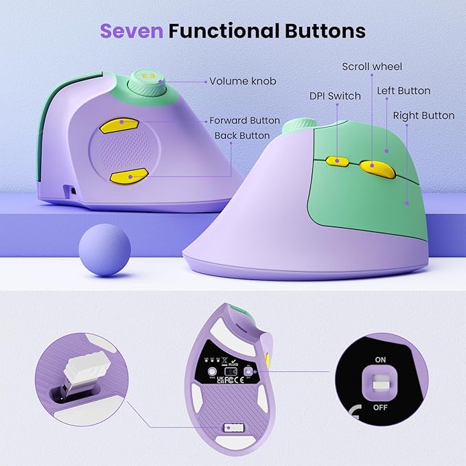 seenda Ergonomic Mouse Rechargeable, USB+Dual Bluetooth, MOU-302 Vertical Wireless Mouse with Volume Knob, Quiet Clicks, Multi-Device Cordless Mice Compatible for Windows, PC, Laptop, Mac OS, Purple