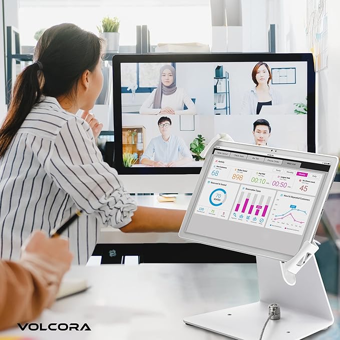 Volcora Anti-Theft Tablet Stand iPad Security Holder with Lock, White 10-13 Inch Kiosk Stand Mount, Swivel, Adjustable, for iPad Pro, Air, POS Register, Retail Business, Checkout, Cashier