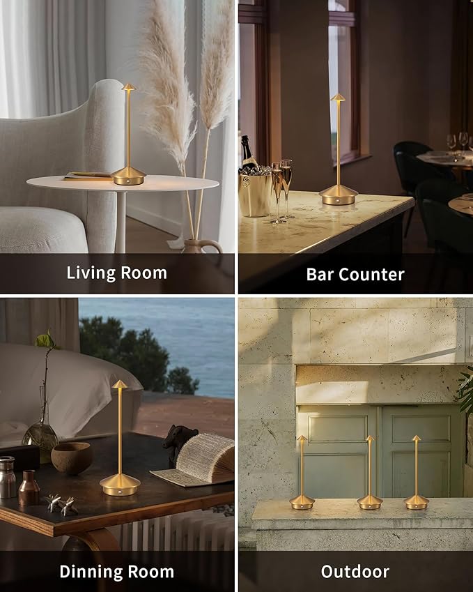 Modern Cordless Table Lamp Set of 2, Portable LED Desk Lamps, 5000mAh Rechargeable Battery Operated Lighting for Bedroom Dining Room Restaurant Coffee Shop Camping Night Light (Gold)