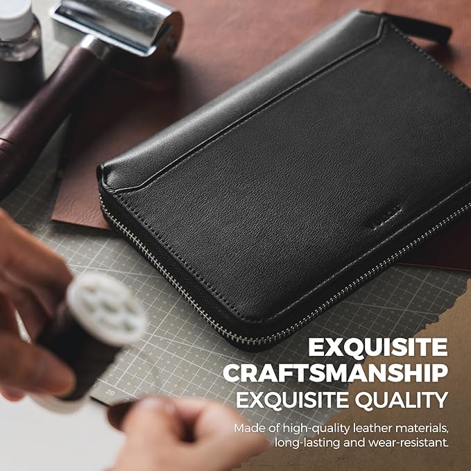 VULKIT Leather Passport Holder for 4-8 Passports Family Passport Wallet with Zipper Travel Documents Organizer for Men or Women(Black)