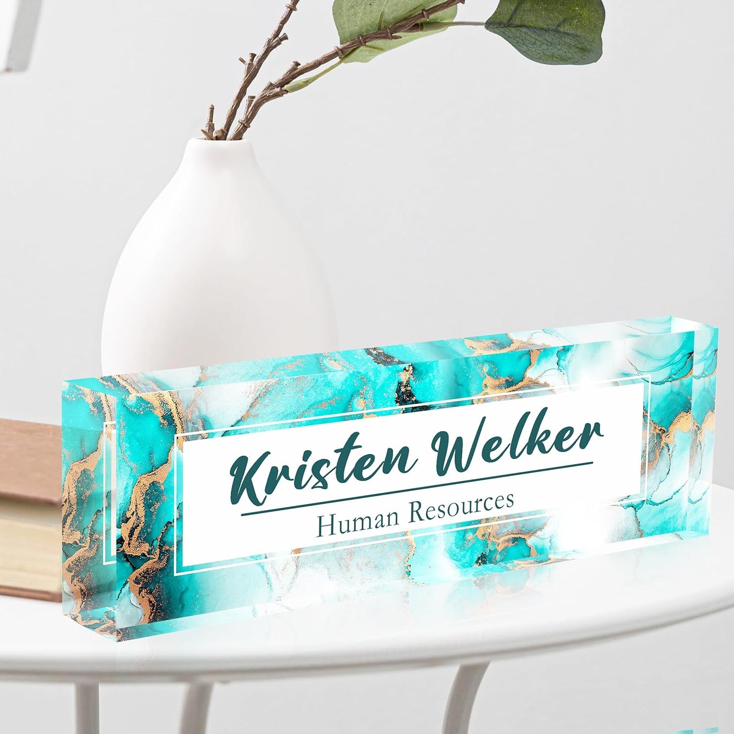 Desk Name Plate Personalized, Premium Ocean Blue Gold Marble Acrylic Desk Name Plate, Personalized Name Plate for Desk, Office Decor for Women or Men Coworkers, Boss, Employee, Teacher