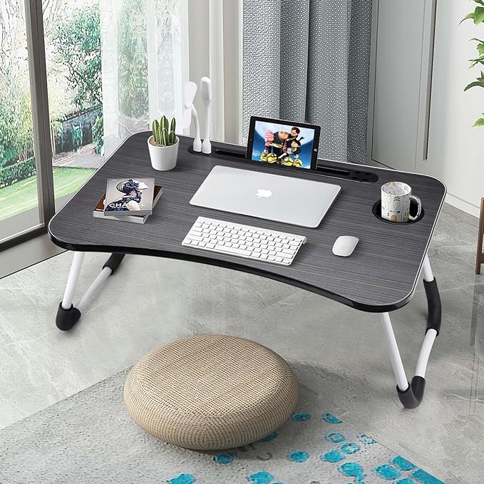 Slendor Lap Desk with Cup Holder, Foldable Laptop Table for Bed, Portable Bed Desk for Laptop and Writing, Computer Tray with Tablet Slot, Notebook Stand Reading Holder for Couch Sofa Floor,Black