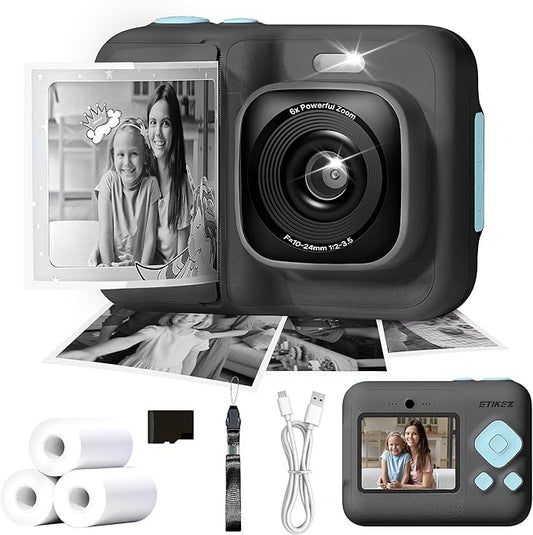 Kids Camera, 1080P Instant Digital Print Camera for Kids, Christmas Birthday Gifts for 4 5 6 7 8 9 10 Year Old Girls Boys, Portable Toy with 32GB SD Card & 3 Rolls Printing Paper, Black