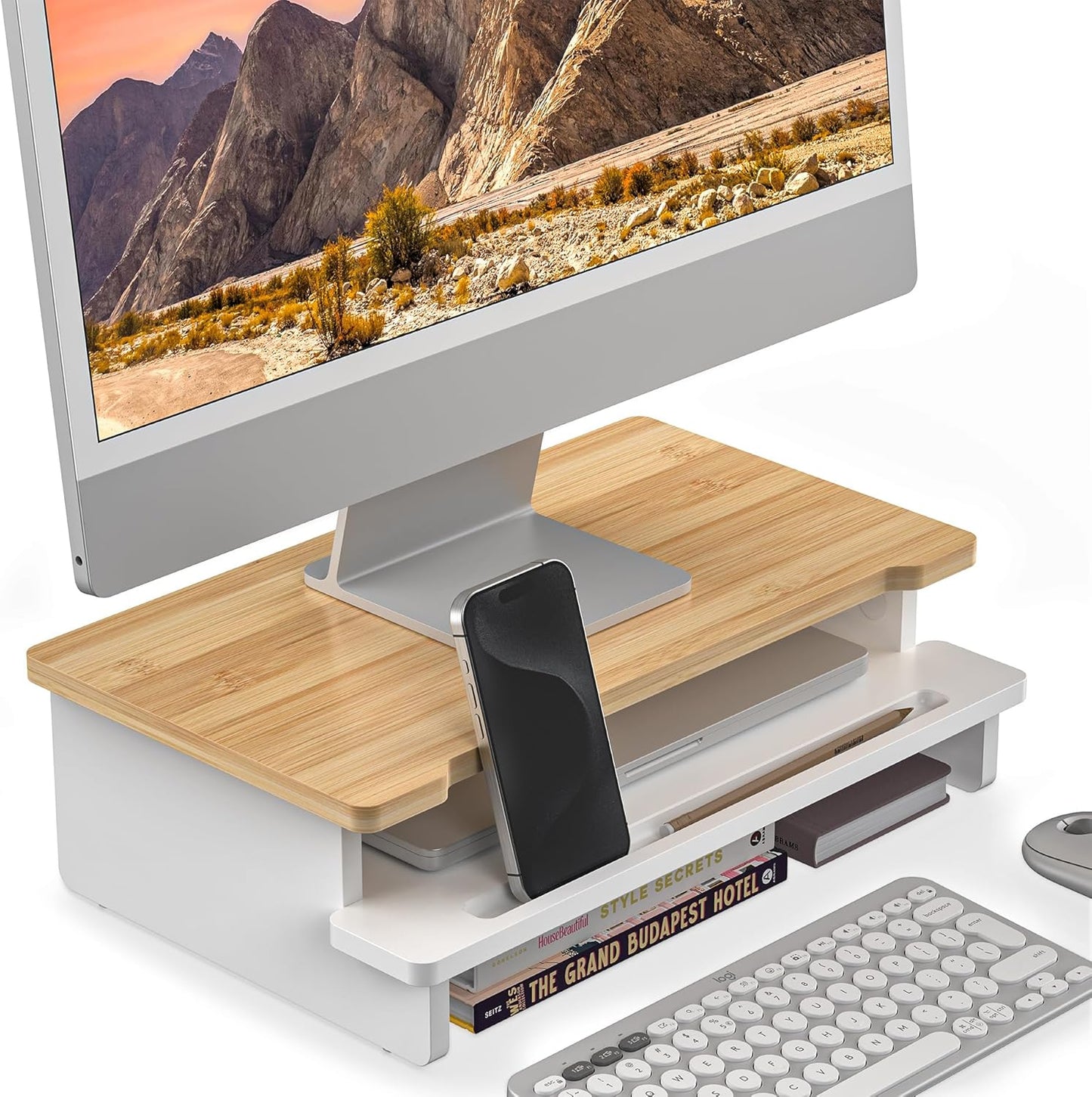 Monitor Stand Monitor Stand Riser for Desk,Wood Desk Shelf Storage Organizer with Phone Tablet Holder (16.5 Inch, White & Natural Bamboo)