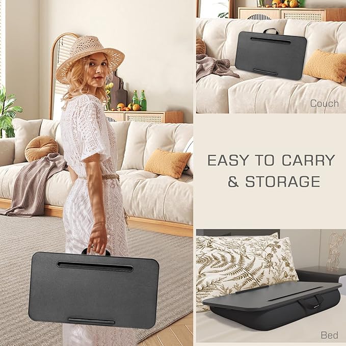 Lap Desk, Lap Desk with Cushion, Fits up to 17 inch Laptop, Pillow Designed, Portable Laptop Stand with Tray, Pad & Phone Holder, Home Office for Bed/Couch/Car/Reading/Writing,MillHome (Black)