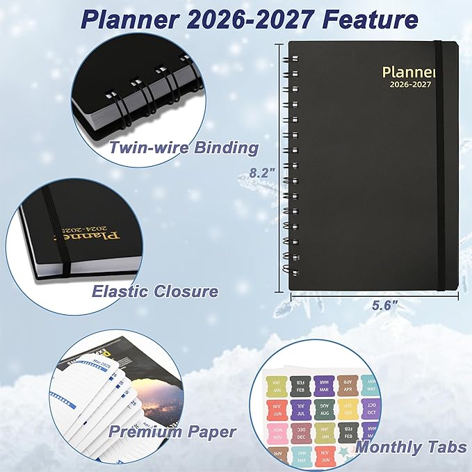 Daily Planner 2026-2027, 2026 Planner Weekly and Monthly, Jan 2026-Jun 2027, 18 Month Agenda Planner with Tabs Sticker, A5 Size, Black