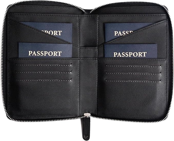 Full Grain Leather Family Passport Holder for 2-4 Passports - RFID Passport Holder and Travel Document Organizer - Large Leather Travel Wallet for Couples and Families - Black