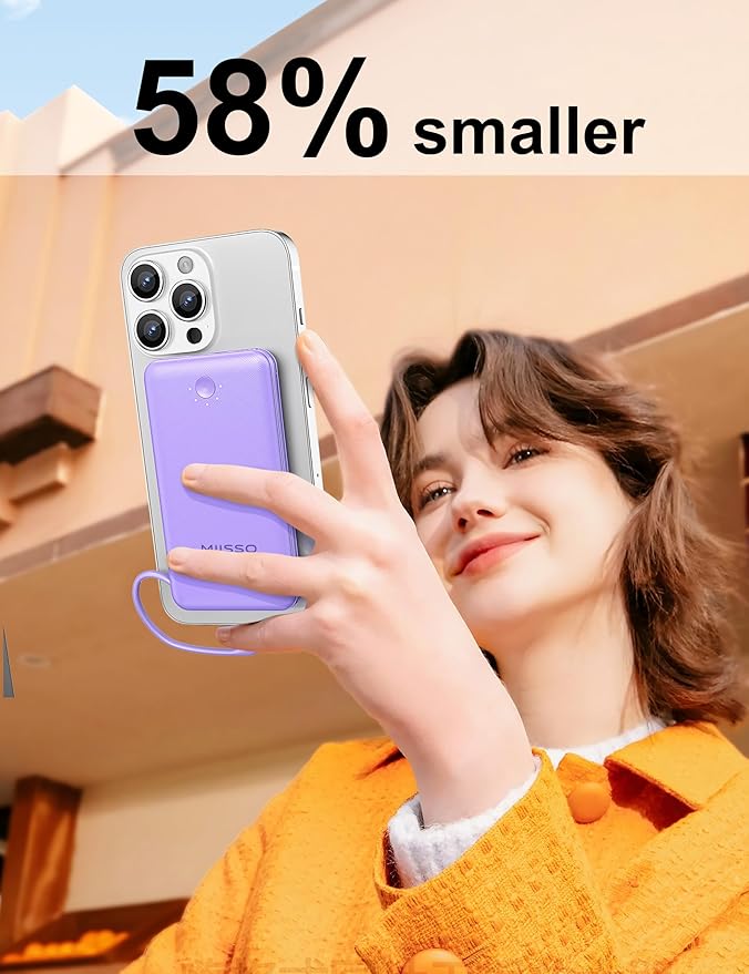 miisso Ultra Slim 10000mAh Power Bank Built-in Cables and Foldable AC Wall Plug, Pocket Size USB C Portable Charger, External Battery Pack Compatible with iPhone Samsung iPad etc, Purple