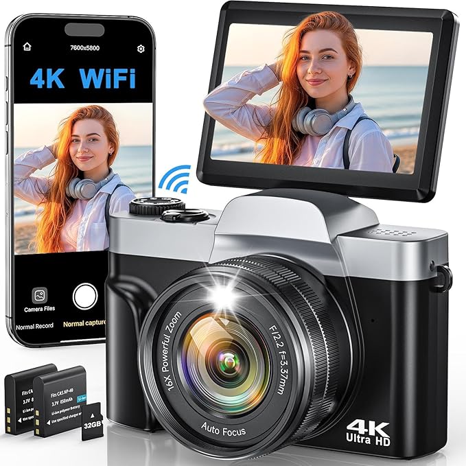 4K Digital Camera for Photography, WiFi 64MP Autofocus Vlogging Camera for YouTube, 3" 180° Flip Screen, 16X Zoom Antishake Compact Point and Shoot Travel Cameras with 32GB SD Card, 2 Batteries, Black