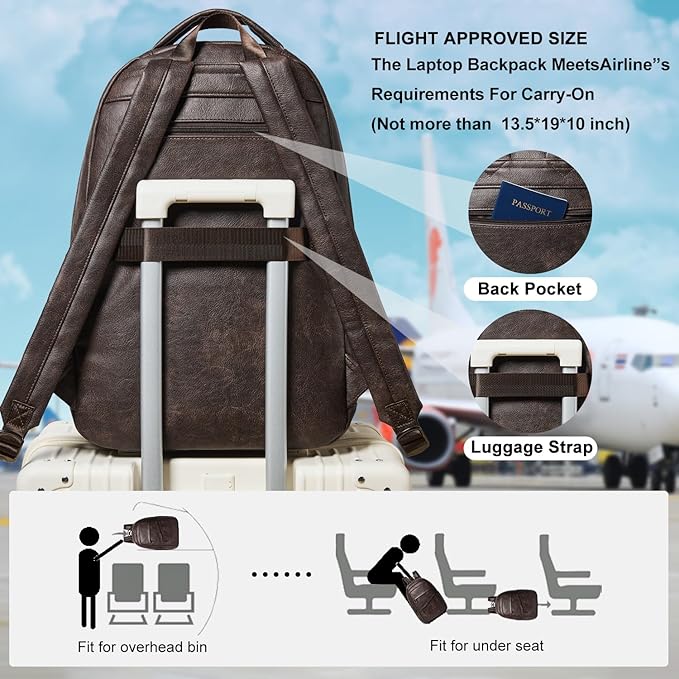 43L Backpack for Women Men - Vegan Leather Backpack Purse Travel Carry-on Bag College Bookbag Work fits 17" Laptop, Coffee