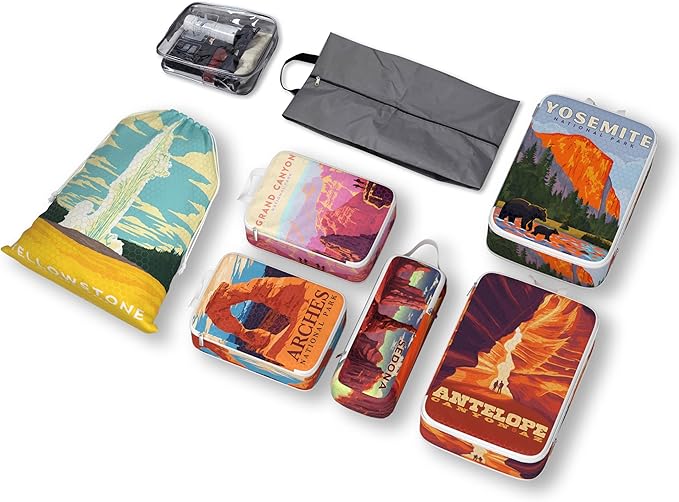 Compression Packing Cubes for Travel, 8 Set National Park Luggage Organizers, Waterproof Expandable/Compression Bags Travel Packing Cubes with Clear Toiletry Bag and Shoe Bag