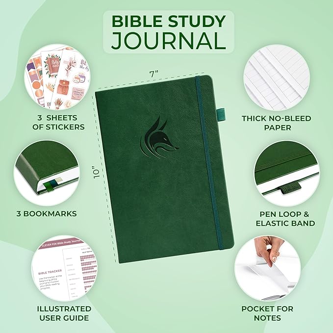 Clever Fox Bible Study Journal Large – Church Notes Notebook – Note Taking & Journaling Kit – Faith Based Religious Accessories, 7x10” (Forest Green)
