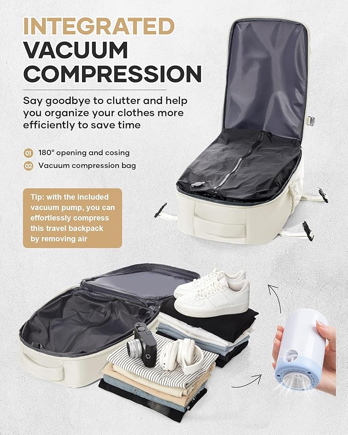 Vacuum Travel Backpack with Pump for Women,Personal Item Carry on Backpacks Flight Approved 18x14x8 inches for Men,Laptop Waterproof Work Compression bags Casual Daypack Beige.