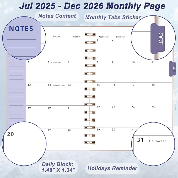 Day Planner 2025-2026, Weekly & Monthly Planner from Jul 2025-Dec 2026, 18 Month Calendar Planner, Agenda 2025 with Tabs, A5 Size, Pink