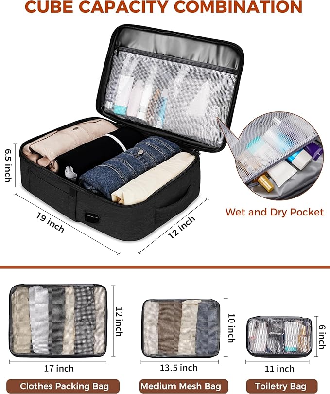 Vancropak 40L Travel Backpack for Women & Men, Large Expandable Carry on Backpack for Airplanes with 3 Packing Cubes, Airline Approved Water Resistant Anti Theft Travel Bag fit 17" Laptop, Black Brown