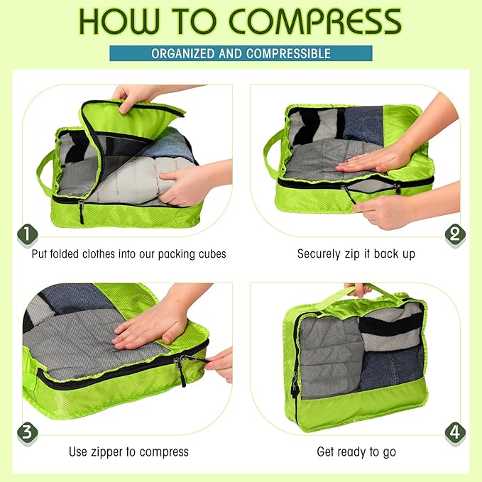 5 Pcs Packing Cubes for Suitcase Large Travel Cubes Carry on Luggage Organizer Bags for Clothes Accessories(S,Green)