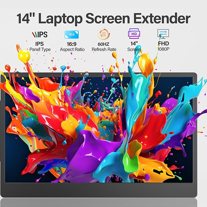 Laptop Screen Extender, 14'' FHD 1080P IPS Ultra-Thin Dual/Triple Monitor Display, HDMI/USB-C Plug-Play Portable Monitor for Laptop, Built-in Speakers(Mac, Win, Android)
