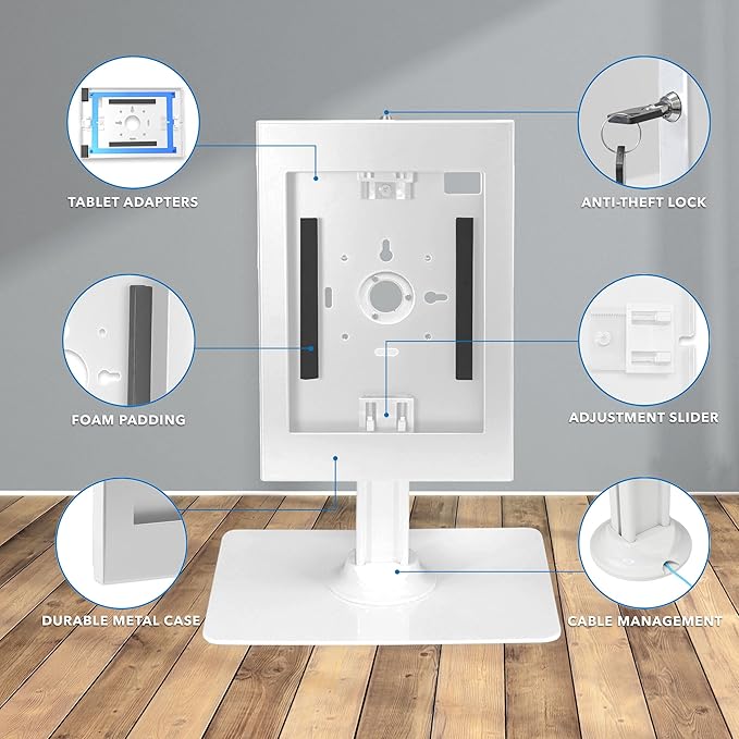 Mount-It! Anti-Theft Tablet Kiosk, Locking Countertop Tablet Enclosure with Freestanding Base, Universal Enclosure for iPads Gen 7, 8, 9 and 10, iPad Pro, iPad Air, White
