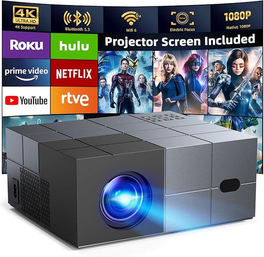 Projector with WiFi6 and Bluetooth5.3 - [High Brightness/Electric Focus]Outdoor Movie Projector and Screen,YOWHICK Portable Smart Home Projector 1080P 4K Supported for Movie Night/Home Theater/Bedroom