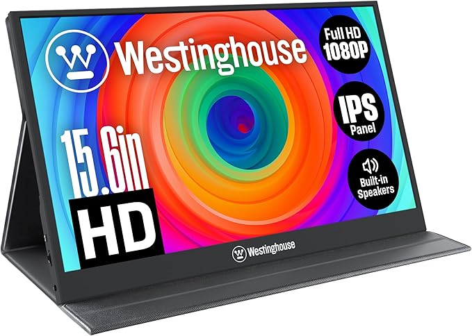 Westinghouse 15.6 Inch Portable Monitor for Laptop & Travel, 1080p, 60Hz, IPS Display, Full HD Screen with Magnetic Protective Cover, Built in Speakers, 1x Mini HDMI, 1x USB Type-C