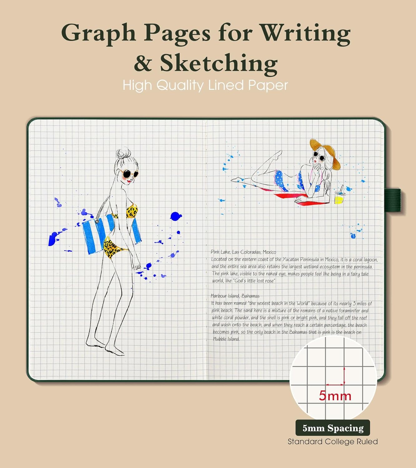 Graph Notebook for Women Men, 160 Pages Grid Paper Journal, A5 Hardcover Vintage Leather Graphing Notebooks for School, Work, College Ruled, Inner Pocket, 5.8"x8.5" (Green)