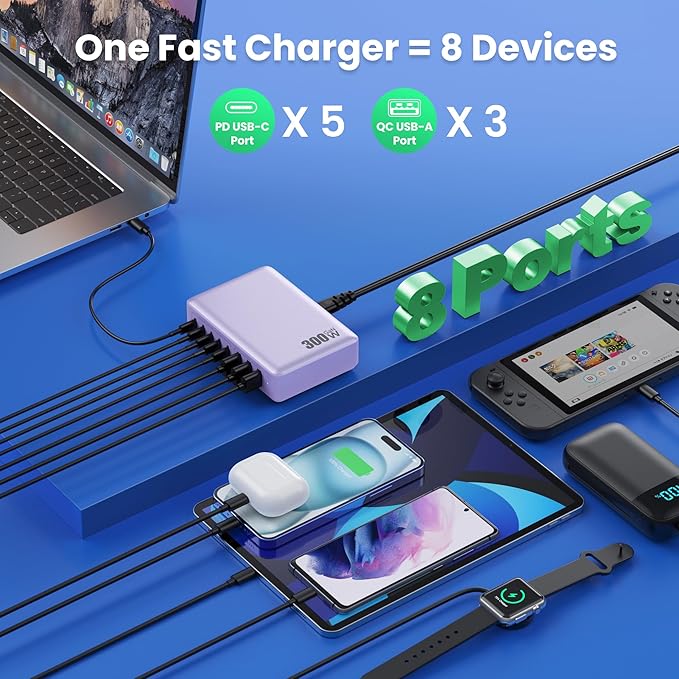 USB C Charger 300W USB C Charger Block, 8-Ports GaN IV Fast Charging Station Hub, Dual PD 100W Laptop Charger Adapter,for MacBook Pro/Air/iPad/iPhone16/15/14/Apple Watch/DELL/Samsung for Home Office