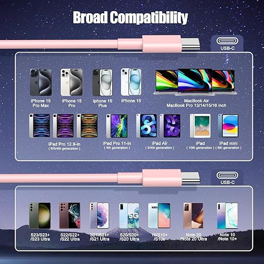 3-Pack Pink [3.3FT+6.6FT+10FT] 60W USB C to USB C Cable, Type C Fast Charging Cable for iPhone Air 17 16e 16 15 Pro Plus Pro Max，for Galaxy S25, for iPad Pro/Air/mini, for MacBook Pro/Air and More