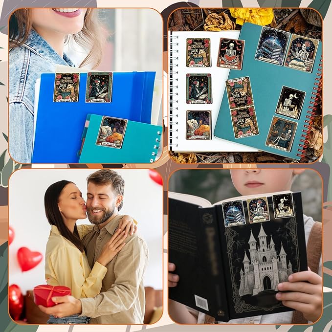 Skeleton Tarot Magnetic Bookmark Gifts - Wxiben 16 Pcs Gothic Skull Reading Bookmarks Magnetic Funny Horror Skeleton Book Markers Magnets Page Clip Gift for Women Men Reader Students Teacher Office