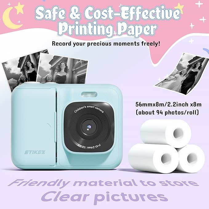 Kids Camera, 1080P Instant Digital Print Camera for Kids, Christmas Birthday Gifts for 4 5 6 7 8 9 10 Year Old Girls Boys, Portable Toy with 32GB SD Card & 3 Rolls Printing Paper, 1 Count, Blue