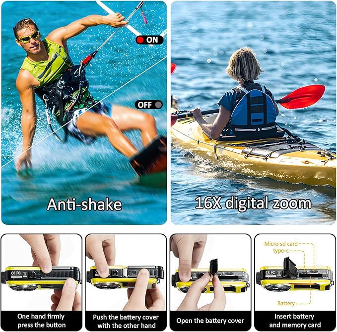 4K Digital Camera 11FT Underwater Camera with 32GB Card 56MP Autofocus Dual-Screen Selfie Waterproof Camera for Snorkeling Compact Floatable Point and Shoot Digital Camera 1250mAh Battery