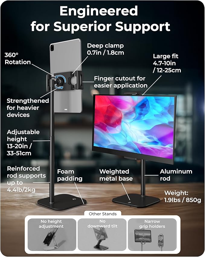 COOPER TabStand, 20" Tall iPad Stand for Desk, Portable Monitor Holder up to 17" Holds 4.4lb, Desktop Tablet Stand, Tablet Mount, Apple iPad Holder for Desk, for Samsung, Kindle, Fire (Night Black)