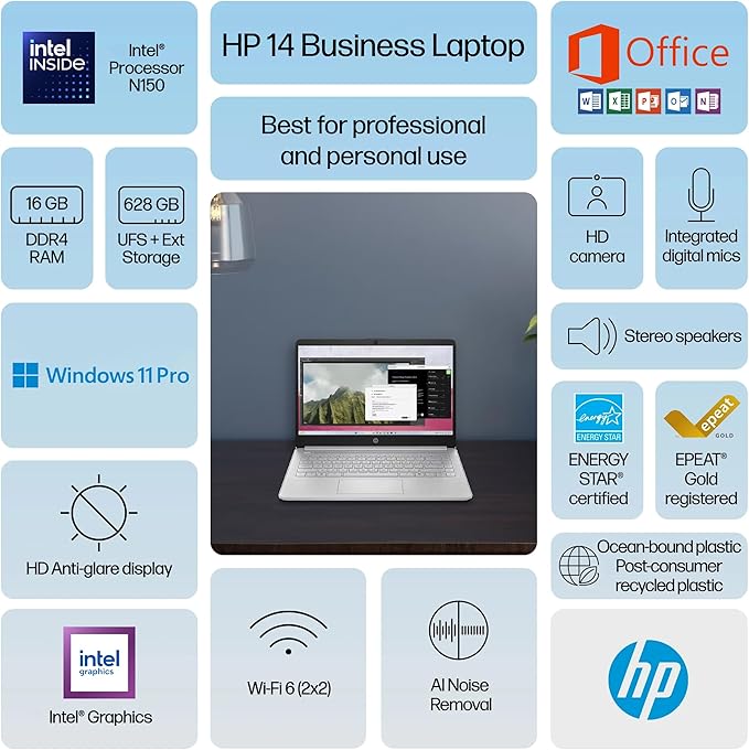HP 14” Flagship Laptop 2025 AI-Powered Computer, Office Lifetime, Student Business, 4-Core Intel CPU, 16GB RAM 628GB Storage (128GB UFS+ 500GB Ext), Long Battery HubxcelAccessory Win 11 Pro Silver