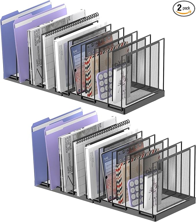 9-Section Desk File Organizer, Vertical File Holder, Mesh Desktop File Folder Metal File Organizer Stand for Office Home Classroom, Black, 2 Pack
