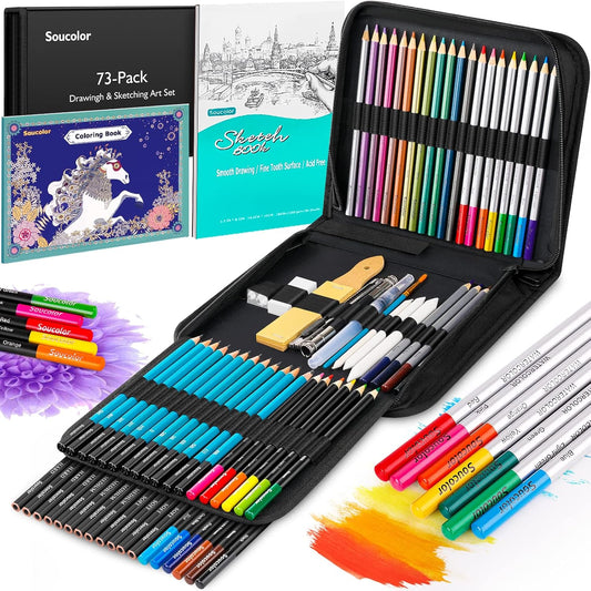 Soucolor 73 Pack Art Supplies Sketching Kit for Adults Kids Teen Gifts, School Supplies, Drawing Sketching Pencils with Sketchbook, Coloring Book, Colored Watercolor Metallic Graphite Charcoal Pencils