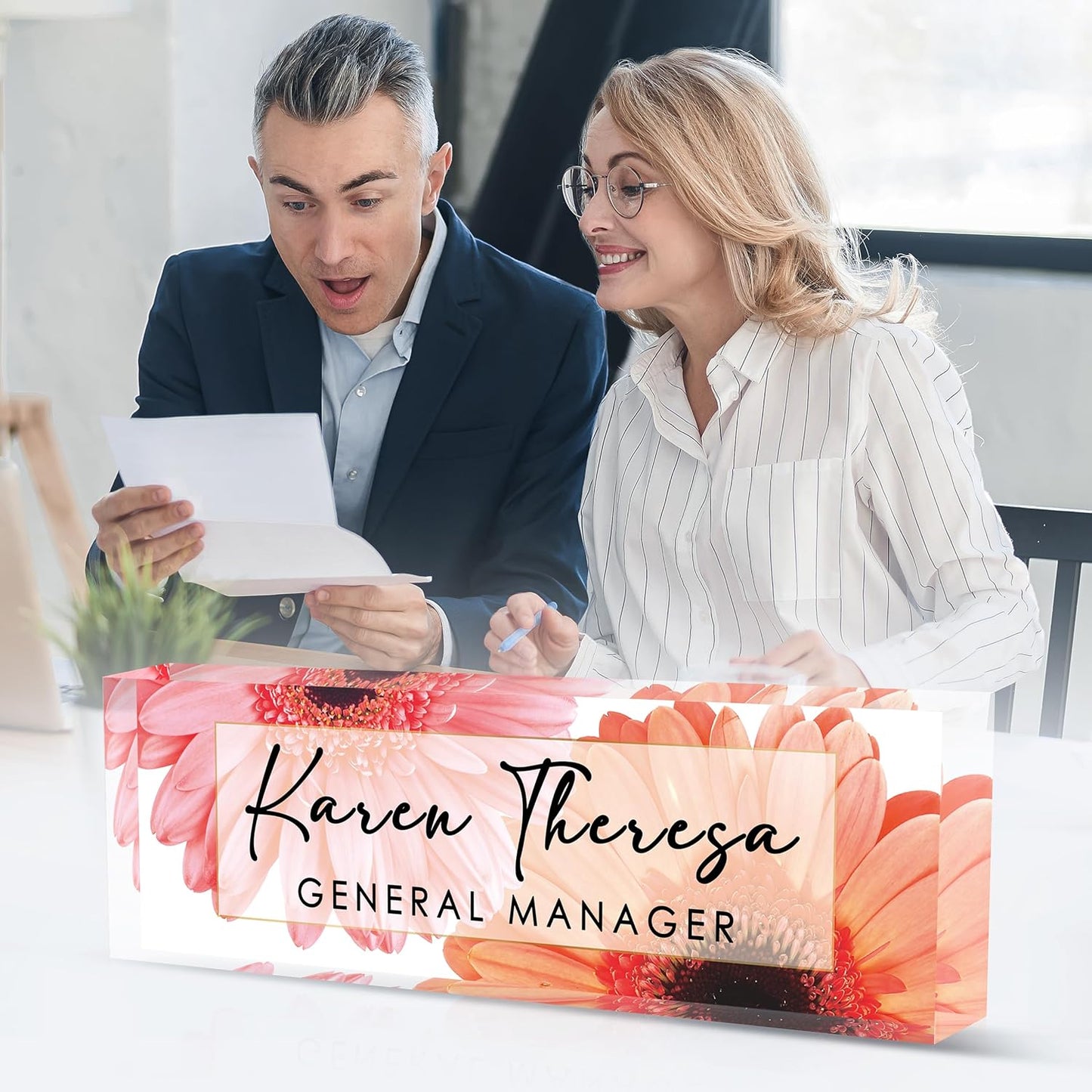 Custom Office Name Plate, Personalized Gifts for Women & Employees, Office Desk Accessory (Pink Tulip)