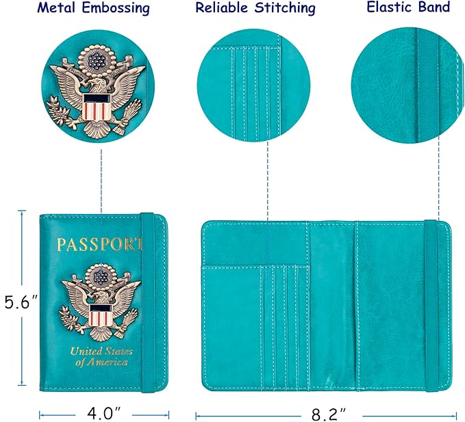 TOURSUIT RFID Blocking Passport Holder for Women Men, Leather Passport Travel Wallet with Metal 3D Metal Badge, Travel Document Holder Cover Accessories (Light Blue)