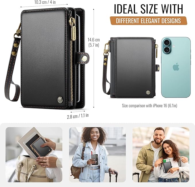 Passport Holder Wallet Bag with AirTag Holder, 11 Card Slots and Passport Solt Cash Solt Photo Solt Zipper Pocket, RFID Blocking Wristlet Strap.Black