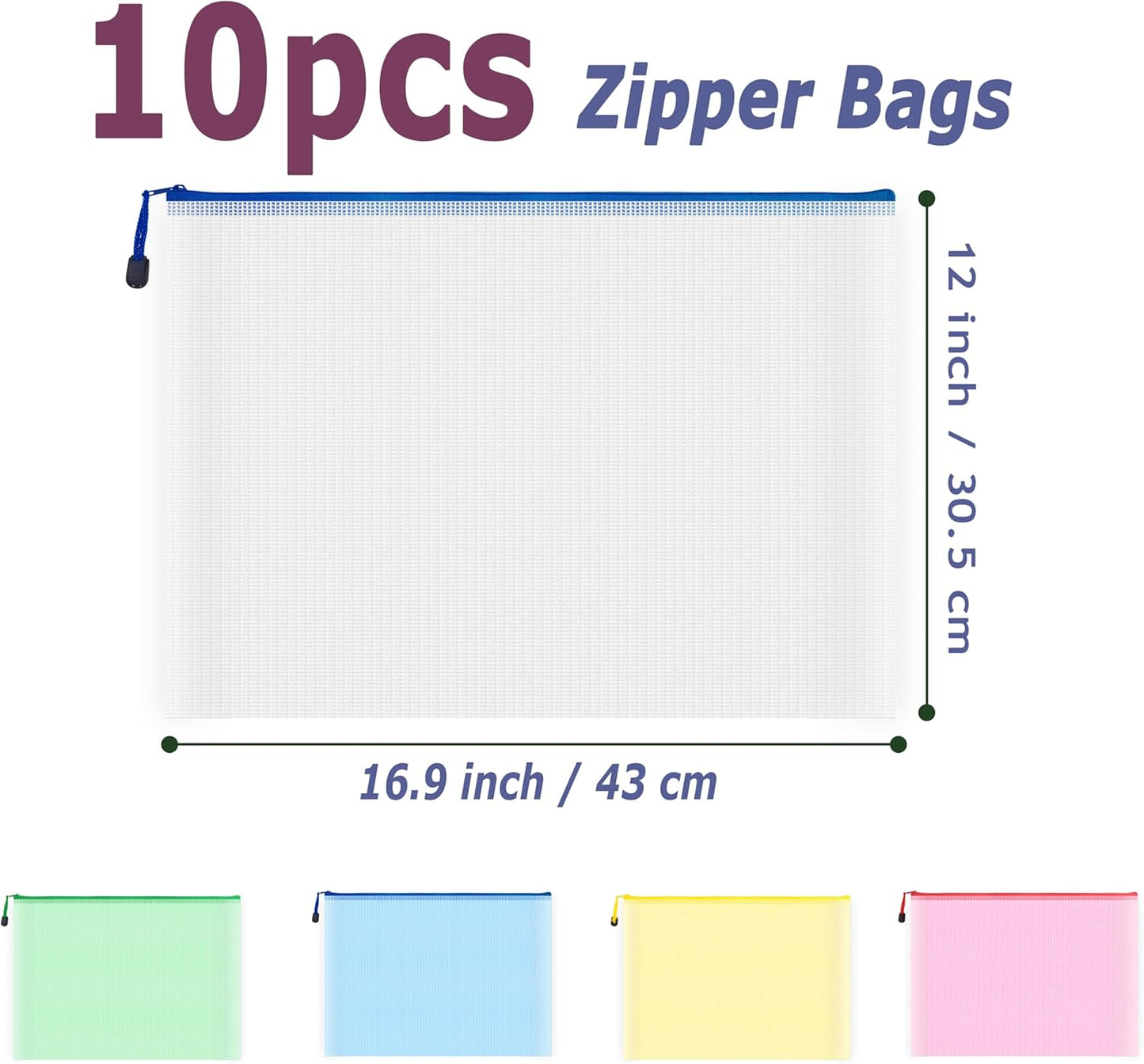 AUSTARK 10 Pcs Zipper File Bags, Waterproof Plastic Mesh Pouch for Office School, Board Game Storage Bags (A3 Size 16.9''x12'', Multicolored)