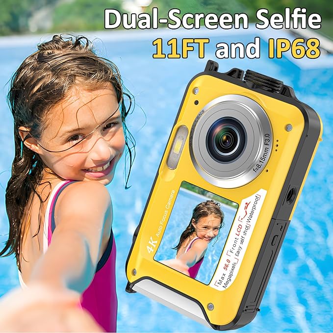 4K Digital Camera 11FT Underwater Camera with 32GB Card 56MP Autofocus Dual-Screen Selfie Waterproof Camera for Snorkeling Compact Floatable Point and Shoot Digital Camera 1250mAh Battery