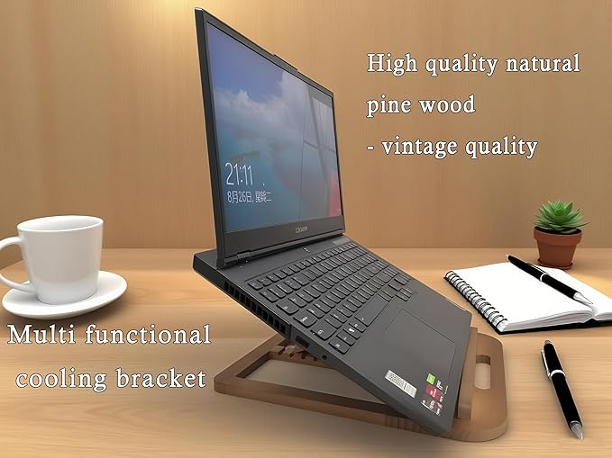 Wooden Laptop Stand for Desk & Wood - Style Laptop Stand, Foldable and Adjustable Ergonomic Notebook, Book, Phone & Tablet Stand, 6 - Gear Angle Adjustment, Cooling for 10-15.6 Inch