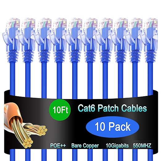 Cat6 Ethernet Patch Cable 10 ft (10 Pack), Cat6 Patch Cable for Data Centers, Cat 6 Patch Cable 10G, Network Patch Cables for Home and Enterprise Network -Blue
