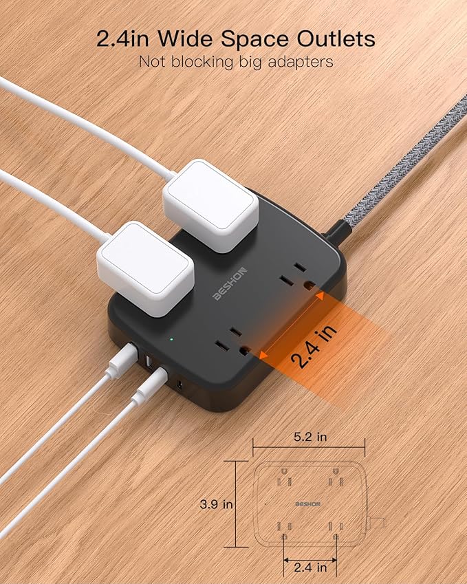 Extension Cord 15 ft, BESHON Long Power Strip with 2 USB C, Flat Plug Power Strip, 4 Outlets and 4 USB Charging Ports, Outlet Extender, 900 Joules, for Home Office Dorm Room Essentials, Black