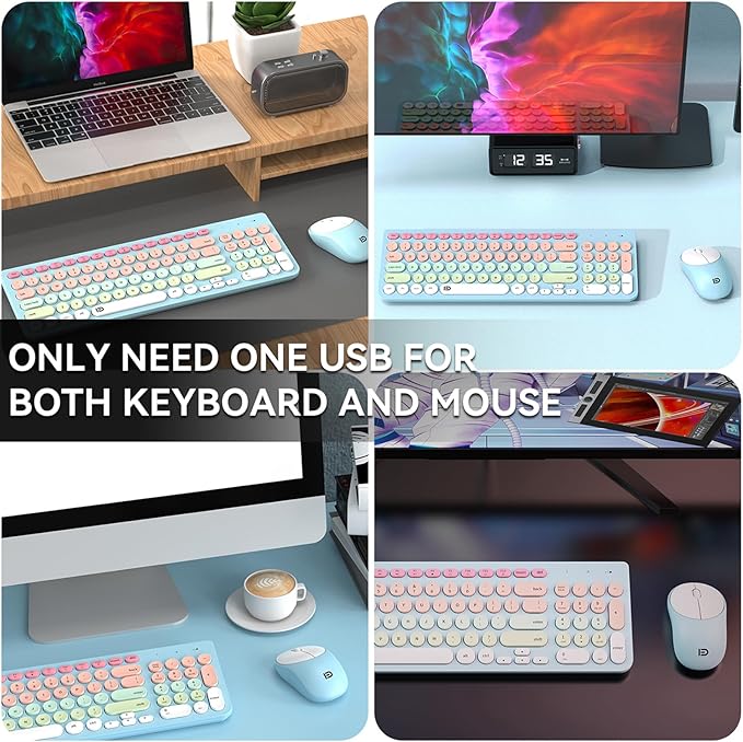 FD Wireless Keyboards and Mouse Combo - 2.4GHz USB Cordless, Cute Wireless Keyboard Round Keys, Quiet and Slim Set for Laptop, Computer, TV and Mac - Blue Pale Green Colorful