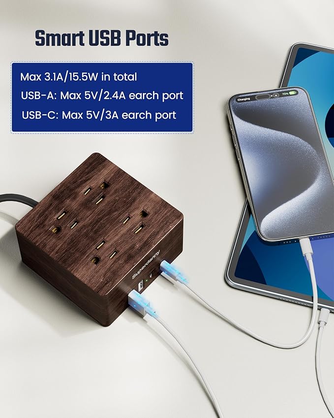 SUPERDANNY USB Power Strip Surge Protector - Desktop Extension Cord with 4 Widely Spaced Outlets & 4 Smart USB Ports, Portable Charging Station for Home, Office, Hotel, Dorm, RV, Deep Walnut Grain