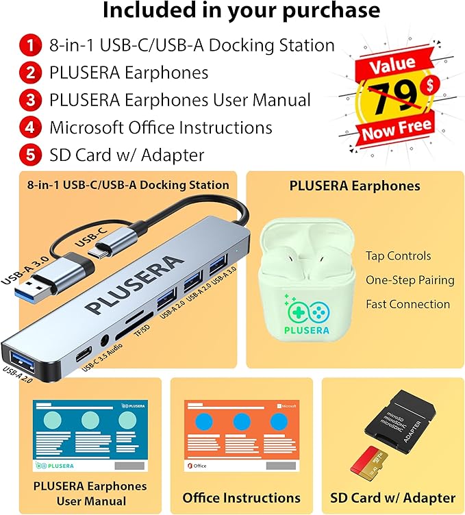 ASUS 14" FHD Vivobook Laptop Computer, 16GB RAM 768GB Storage (512GB SSD+256GB Docking Station Set), 6-Core Intel Core i3, Windows 11 Pro with Microsoft Office Home & Business, PLUSERA Earphones