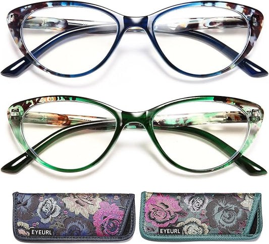 EYEURL Cat Eye Reading Glasses for Women, 2 Pack Blue Light Blocking Readers for Ladies Spring Hinge Fashion Pattern +3.50 Magnification Anti Eyestrain UV Protection