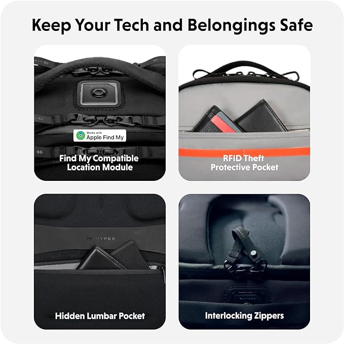 HyperPack Pro 22L Slim Travel Backpack with 'Find My' Compatibility - Fits up to 16” Laptop. Anti Theft w/RFID Protective Pocket.
